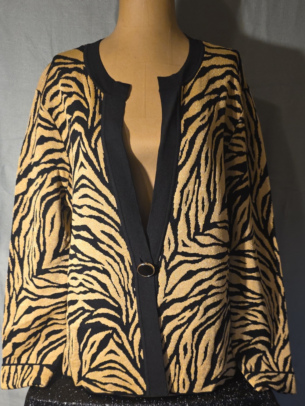 Jones New York Black and Tan Zebra-Pattern Open Cardigan